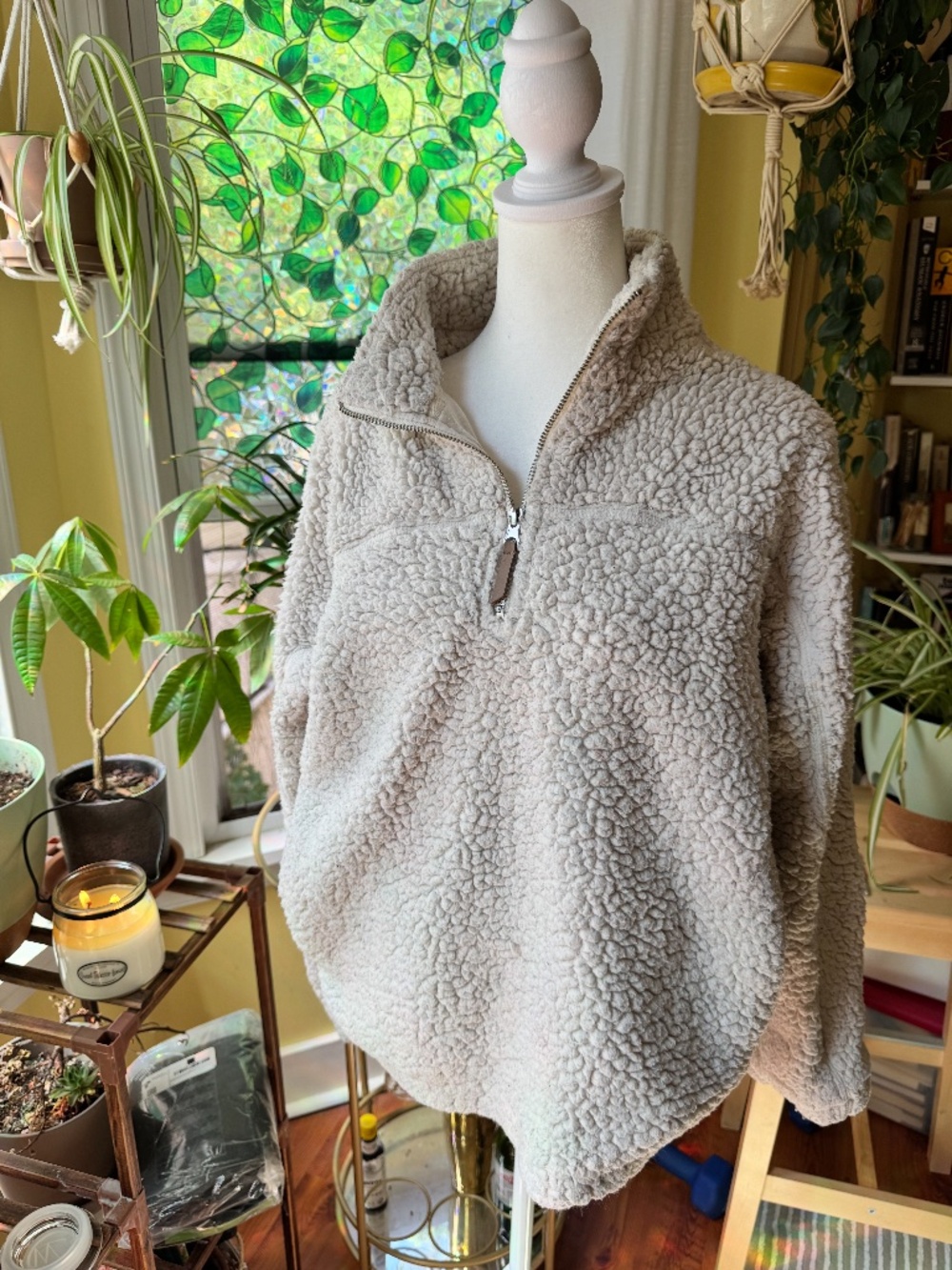 Elodie Teddy Sherpa Quarter Zip Pullover Cream Beige Size Medium